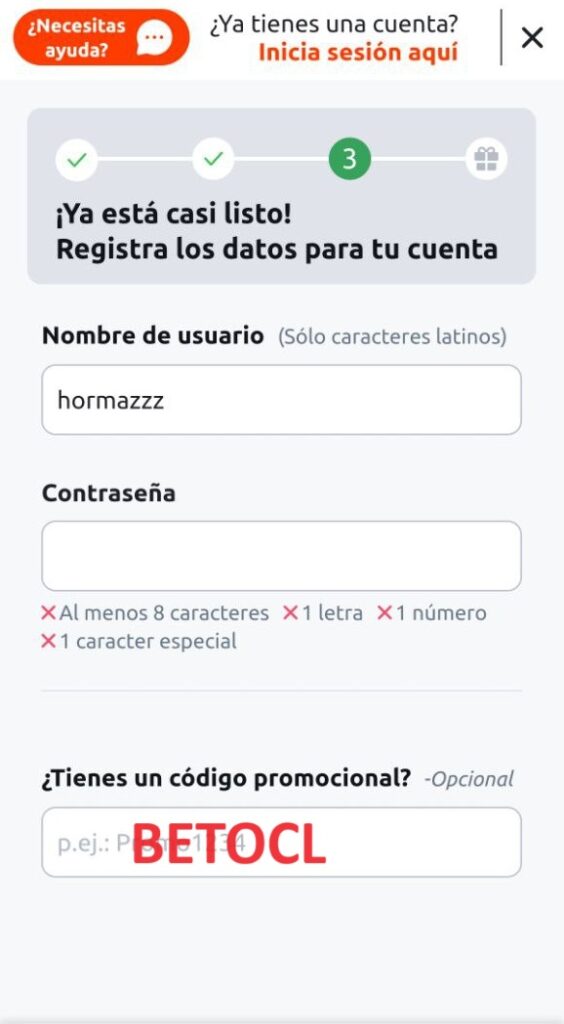 El código para el Betano Registro es BETOCL