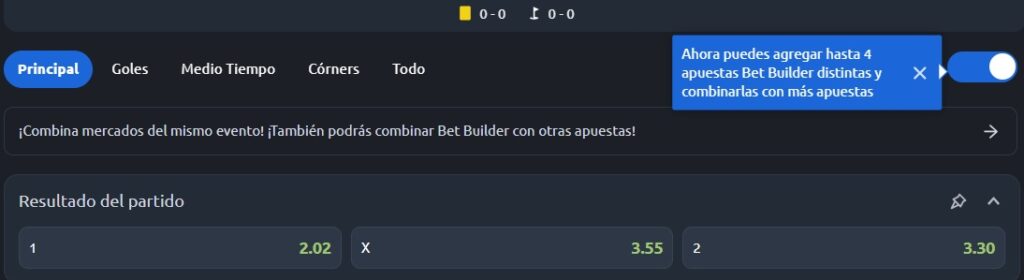 Hasta 4 selecciones diferentes puedes combinar en el betbuilder Betano en vivo 